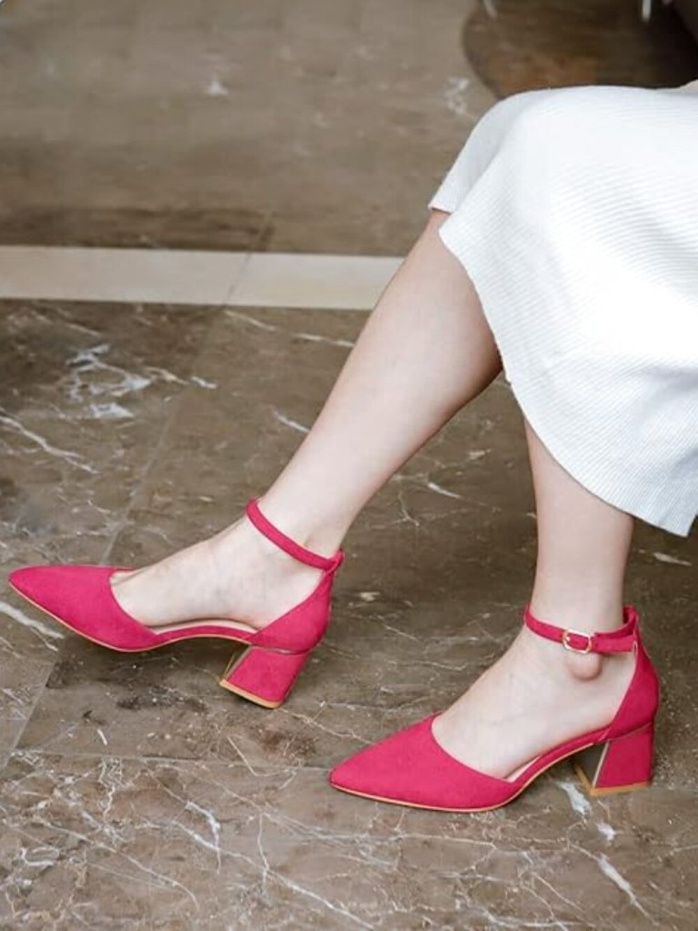 Elegant Pointed Toe Pink Faux Suede Ankle-Strap Block Heel Pump SZ 8